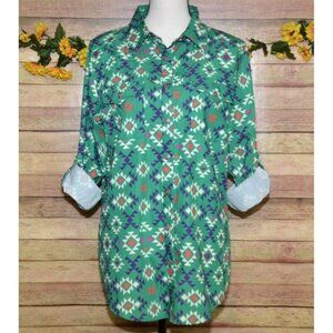 Lucky & Blessed Green Aztec Western Button Down Top Shirt Ladies M Cute Buttons